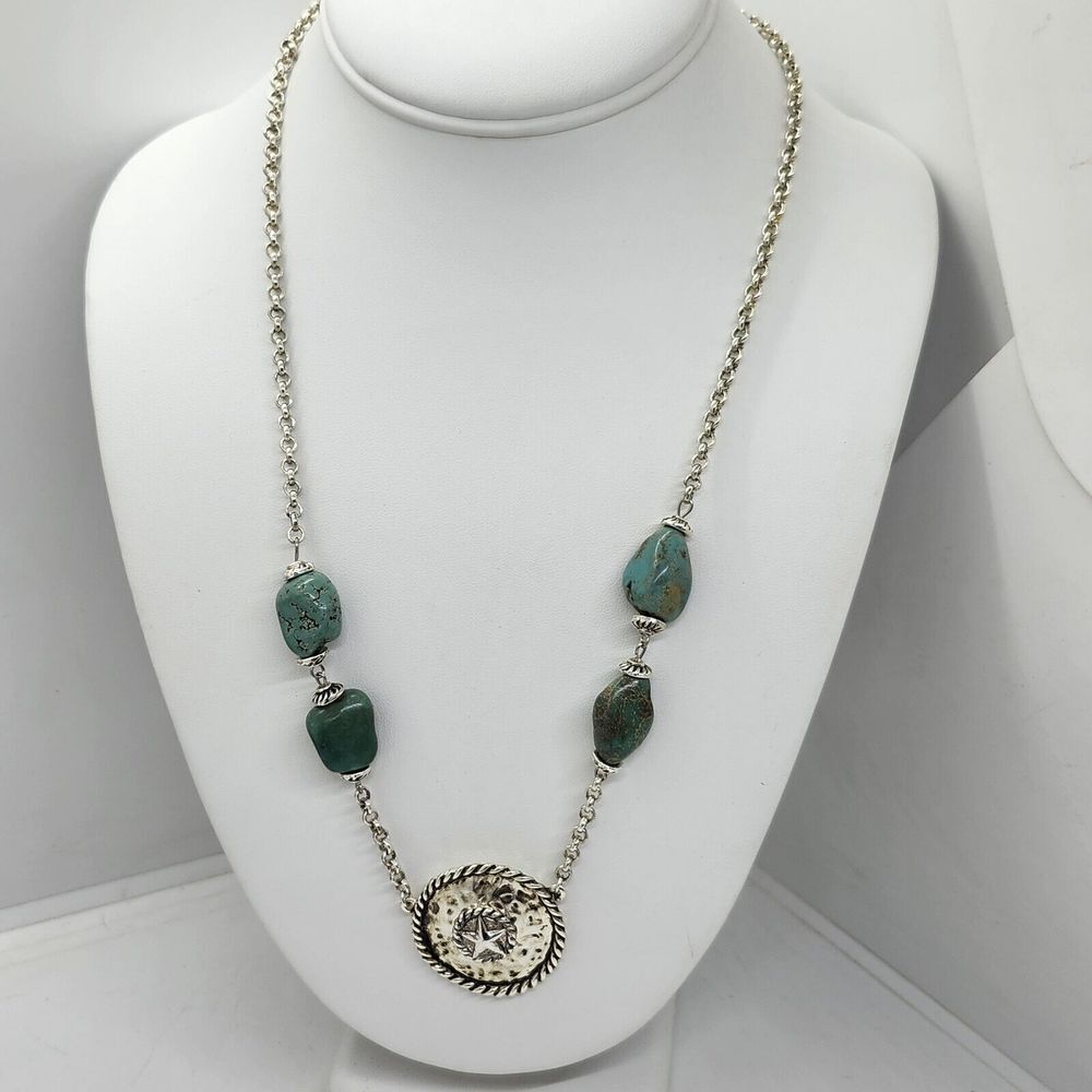 X Signed Silver Tone Star‎ Faux Turquoise Necklace Texas